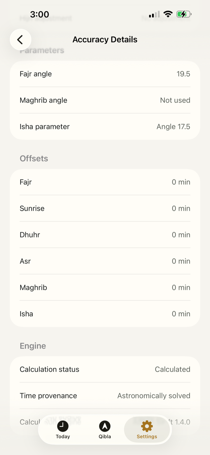 Nedaa Accuracy Details screen showing location source, coordinates, timezone, method, parameters, and calculation engine.