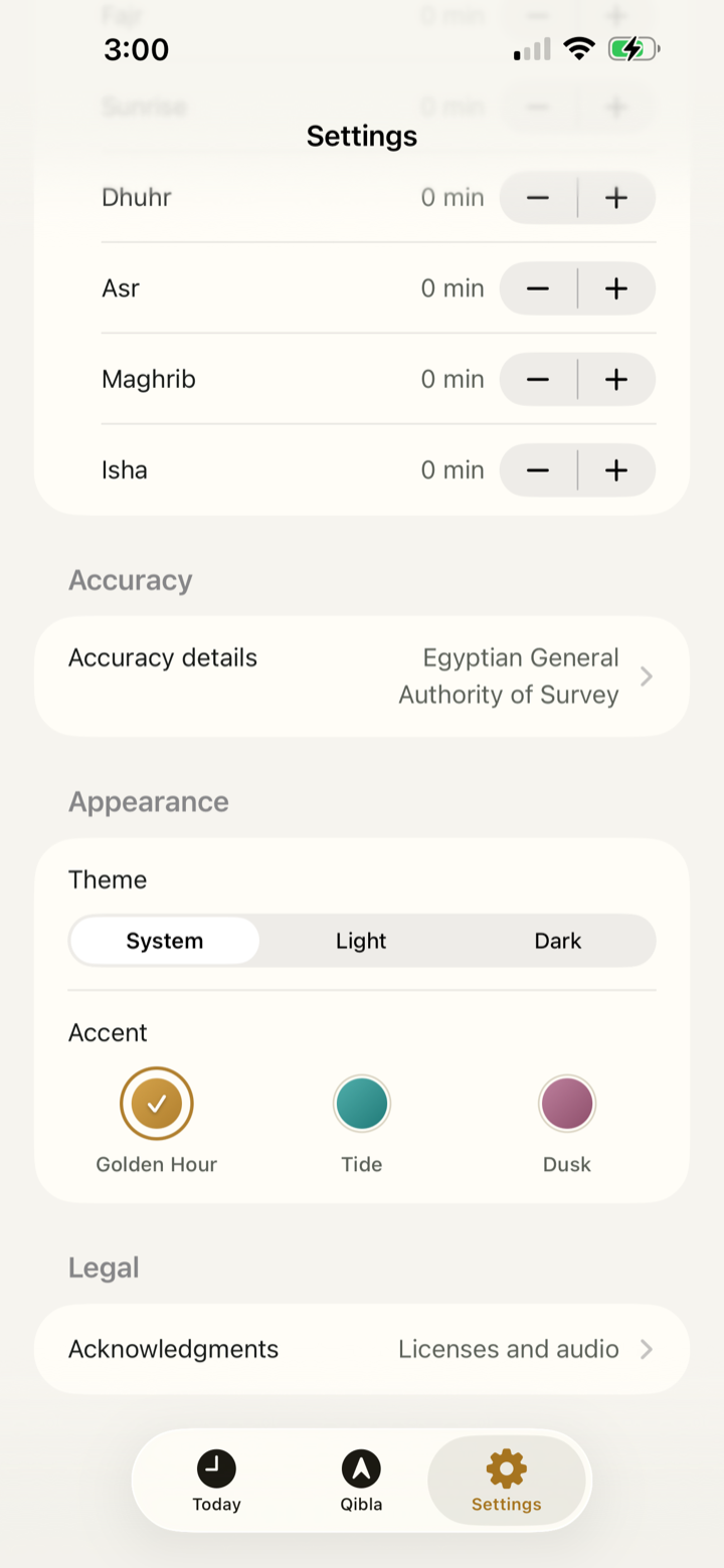 Nedaa Settings screen showing location, reminders, calculation settings, offsets, accuracy, and appearance controls.