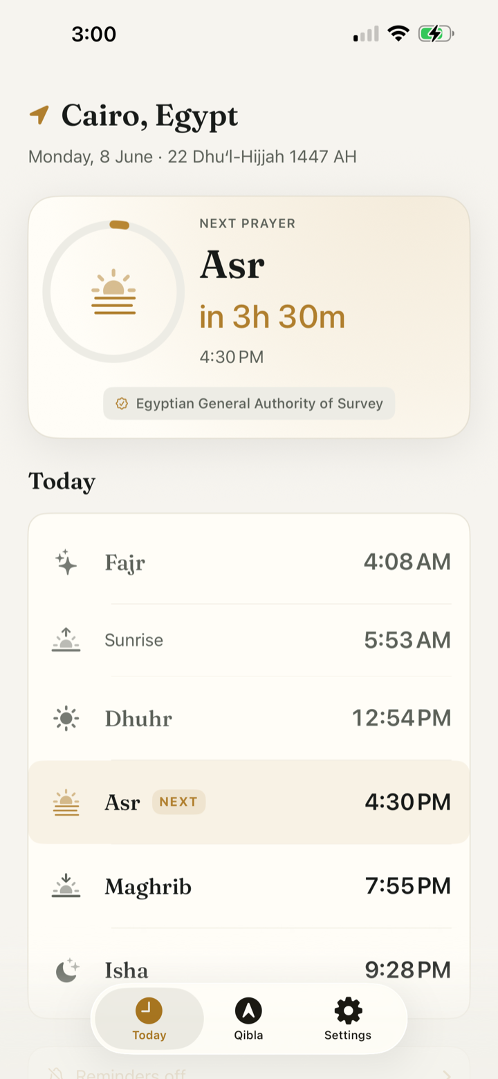 Nedaa Today screen showing Cairo prayer times, next prayer countdown, method summary, and prayer list.